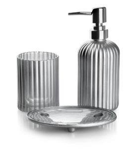 Kúpeľňová súprava ARI 400 ml strieborná – dávkovač mydla s držiakom + pohár na zubnú kefku