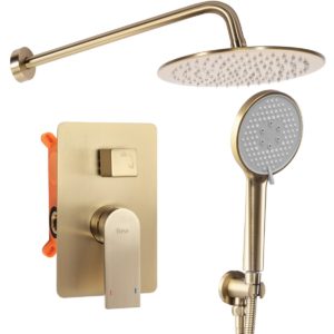 Podomietkový sprchový set s inštalačným boxom Verso zlatý – podomietková batéria, dažďová a ručná sprcha
