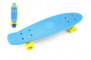 Skateboard – pennyboard 60cm nosnosť 90kg, kovové osi, modrá farba, žlté kolesá