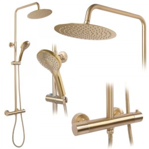 Sprchový set s termostatem Rea Vincent zlatý – termostatická baterie, dešťová a ruční sprcha