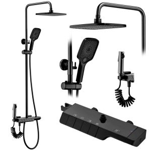 Sprchový set s termostatom Rea Rob čierny – vaňová batéria, dažďová, ručná a bidetová sprcha
