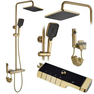 Sprchový set s termostatom Rea Rob tmavo zlatý – vaňová batéria, dažďová, ručná a bidetová sprcha