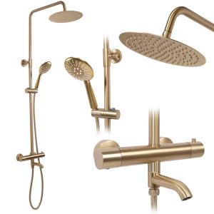 Sprchový set s termostatom Rea Lungo zlatý – vaňová batéria, dažďová a ručná sprcha