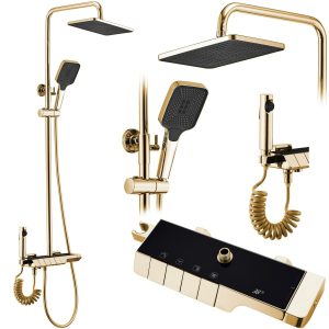 Sprchový set s termostatom Rea Rob zlatý – vaňová batéria, dažďová, ručná a bidetová sprcha