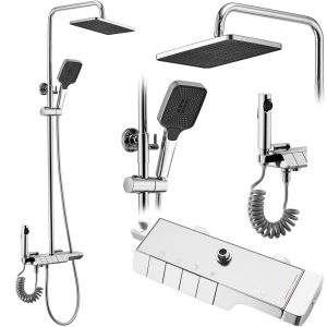 Sprchový set s termostatom Rea Rob chróm – vaňová batéria, dažďová, ručná a bidetová sprcha