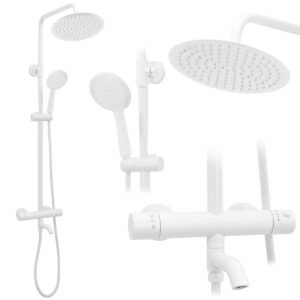 Sprchový set s termostatom Rea Lungo biely – vaňová batéria, dažďová a ručná sprcha